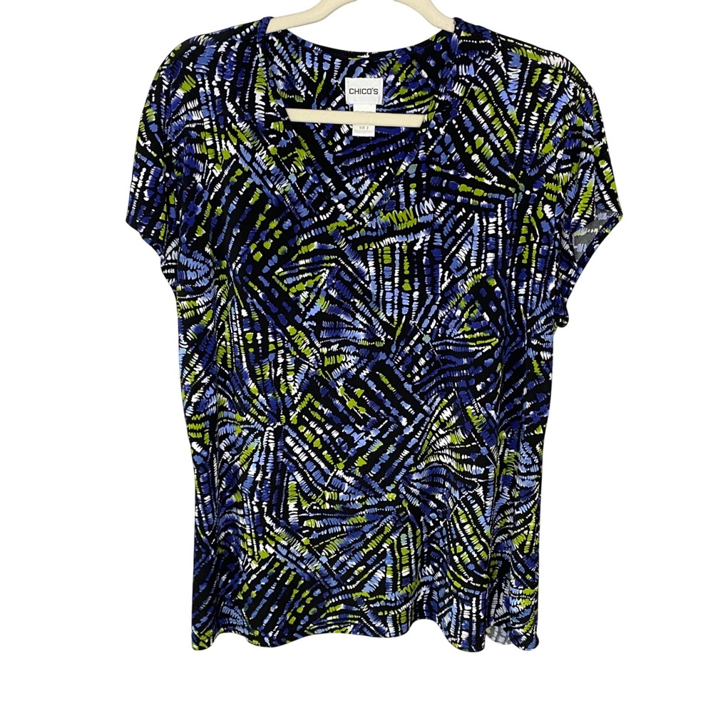 Chicos V-Neck Abstract Geometric Print Short Sleeve Top Blue Green‎ White 3(XL)